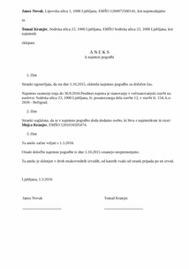 Aneks k najemni pogodbi zaradi povečanja števila oseb, ki živijo z najemnikom - Lastnik mora skleniti aneks k najemni pogodbi na zahtevo najemnika, če se število oseb poveča za eno ali več oseb, ki jih mora najemnik preživljati po zakonu (denimo ob rojstvu otroka).
Za vse ostale osebe je potrebno skleniti takšen aneks, če je glede na število oseb stanovanje po velikosti še primerno.